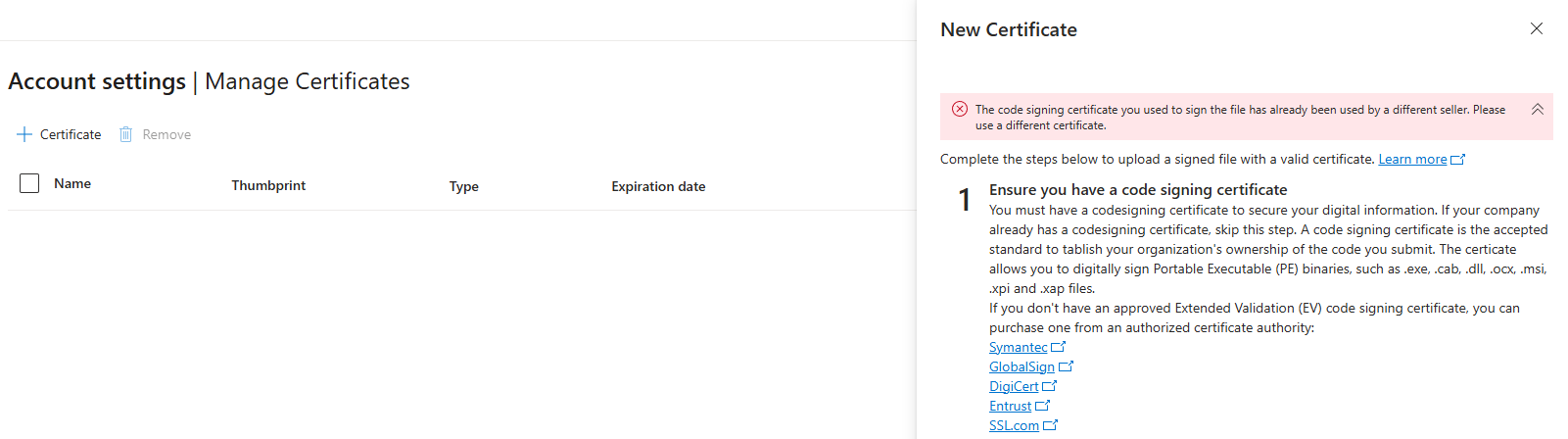 Code signing upload failed