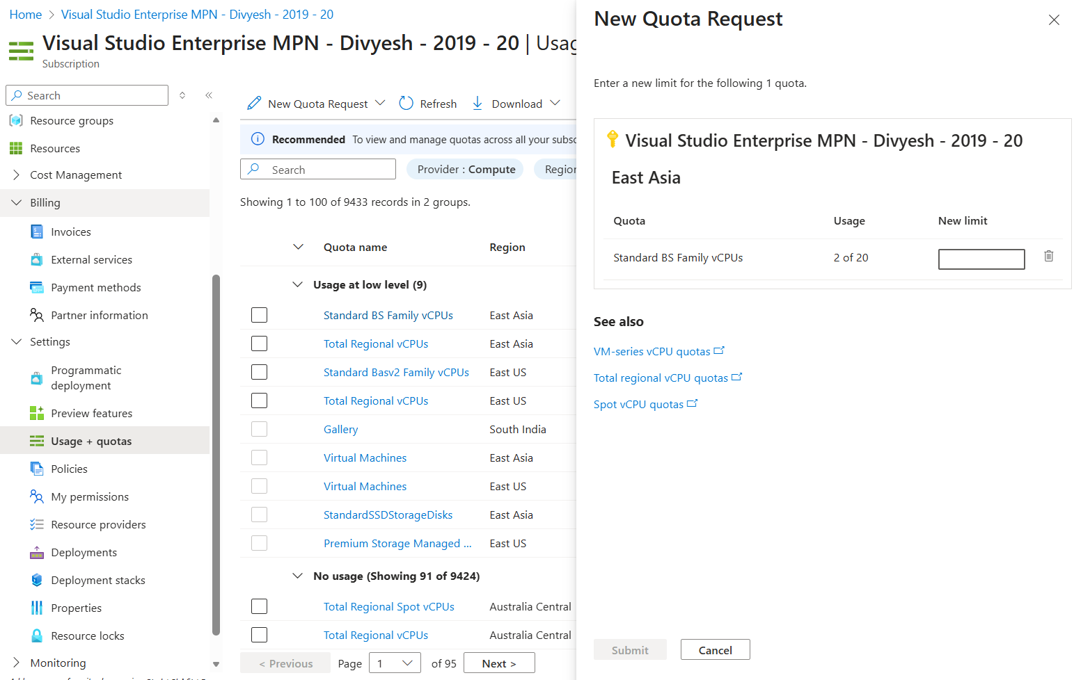 Azure Resource Manager REST API returns invalid link to increase quota ...