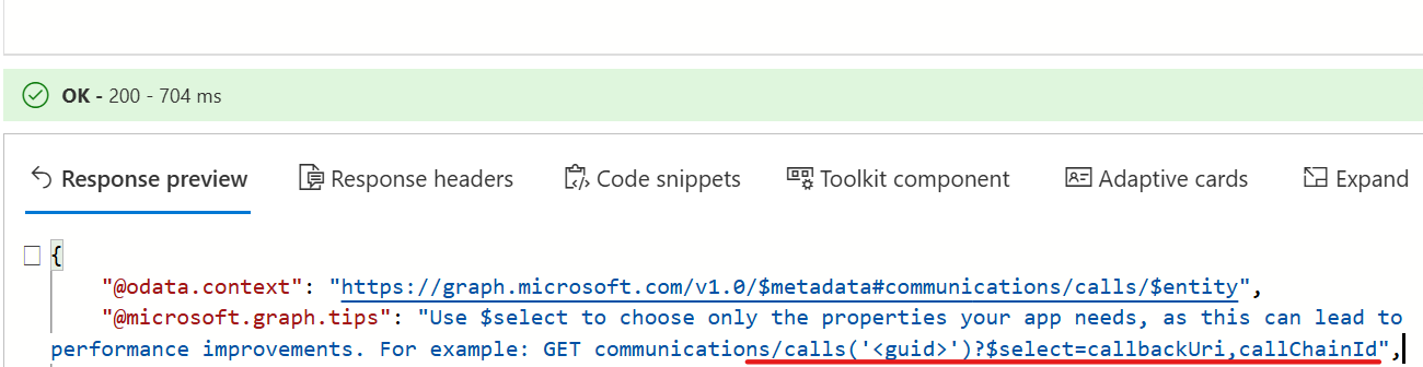 The query specified in the URI is not valid. The property 'callChainId ...