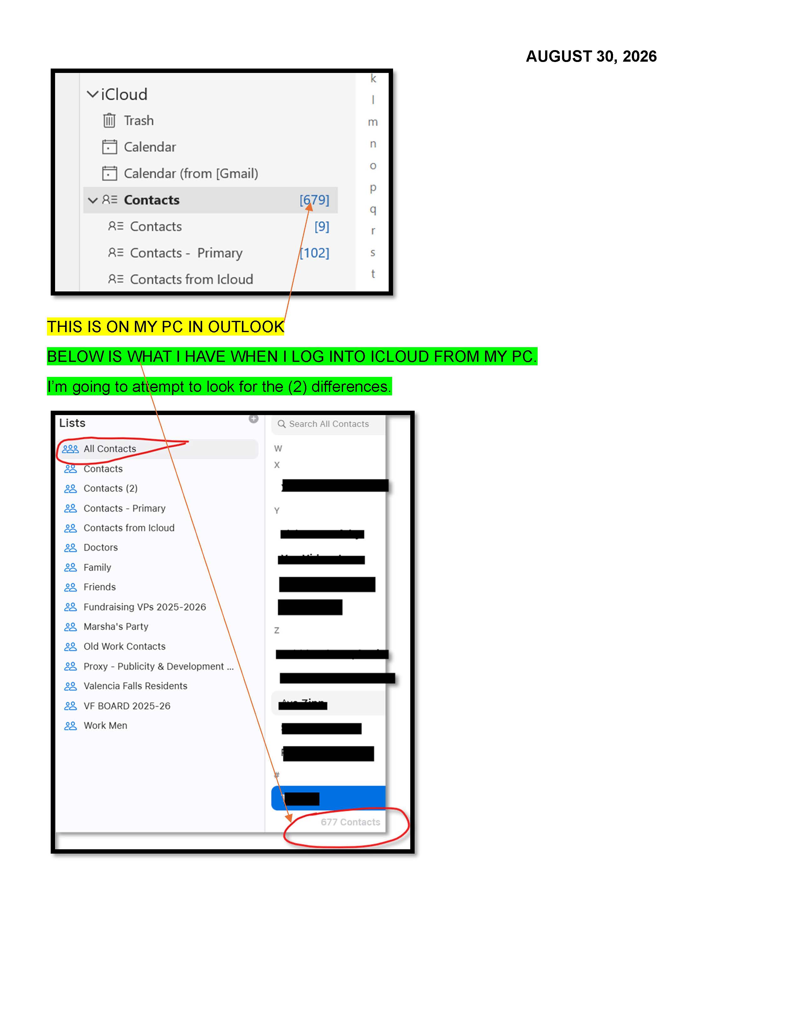 NUMBER OF CONTACT PC OUTLOOK- ICLOUD 8-30-26