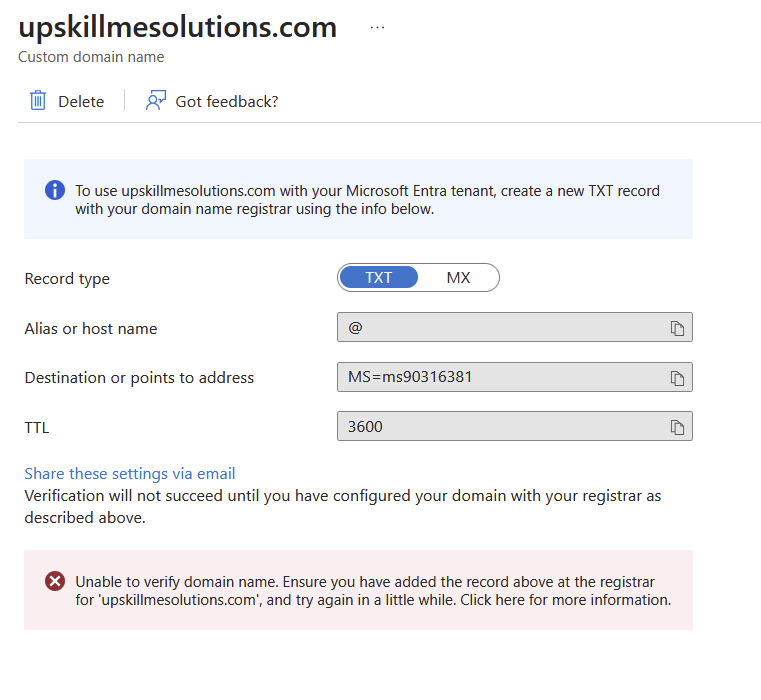 Not able to add custom domain on my Azure account - Microsoft Q&A
