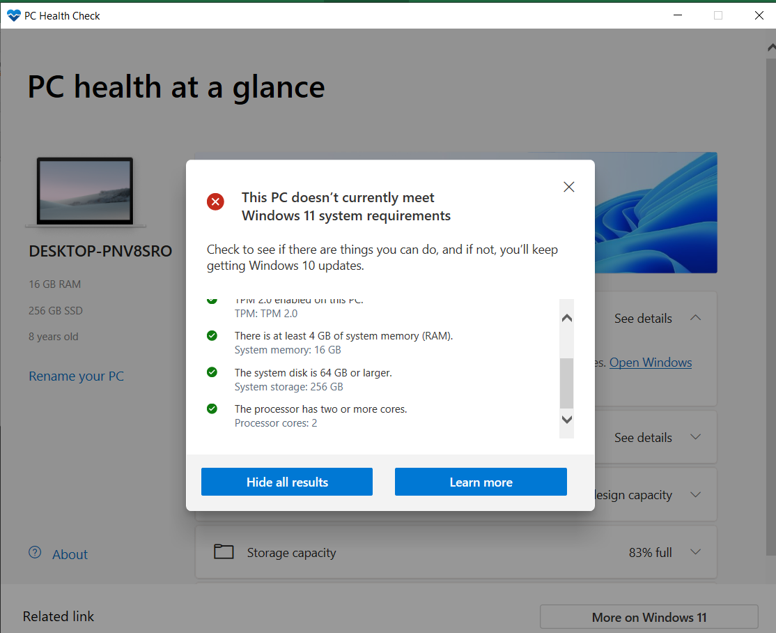 PC Health Check results - screenshot 2