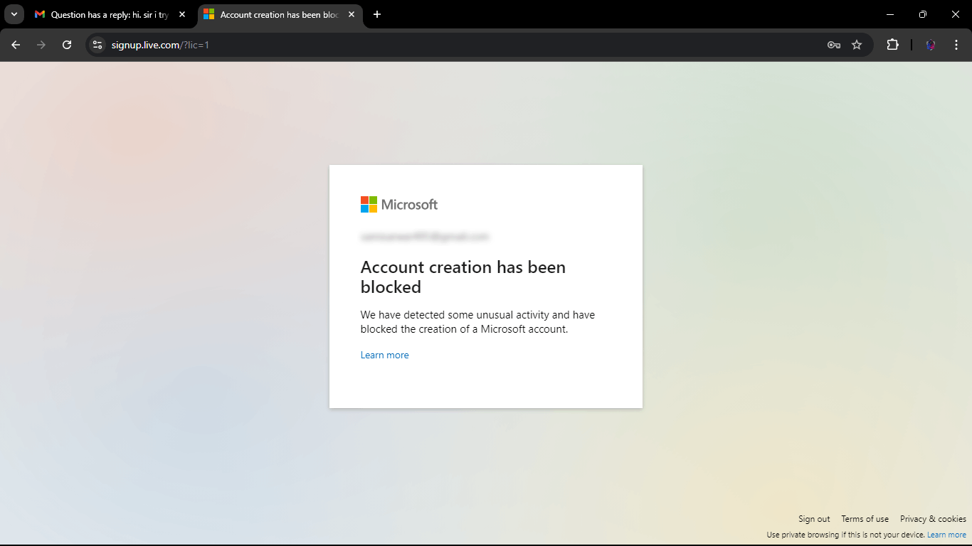 hi. sir i try to make edge account but i am facing this error. Account ...