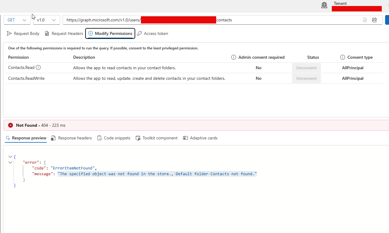 Errors when attempting to access user contact Graph API endpoint ...