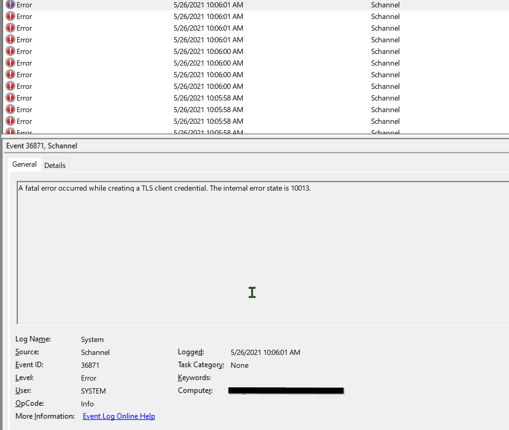 Enforcing TLS 1.2 - EventViewer full of Event 36871 (fatal error