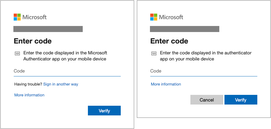 Two examples of the Microsoft account "Enter code" prompt. Only one has the option "Sign in another way".