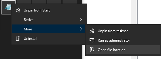 "Open file location" in the start menu does not work. It opens another ...