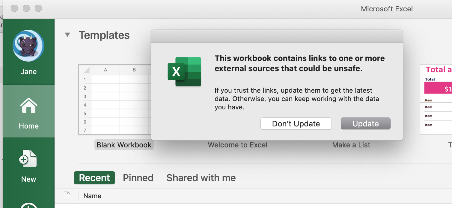 "This workbook contains links to one or more external sources that ...