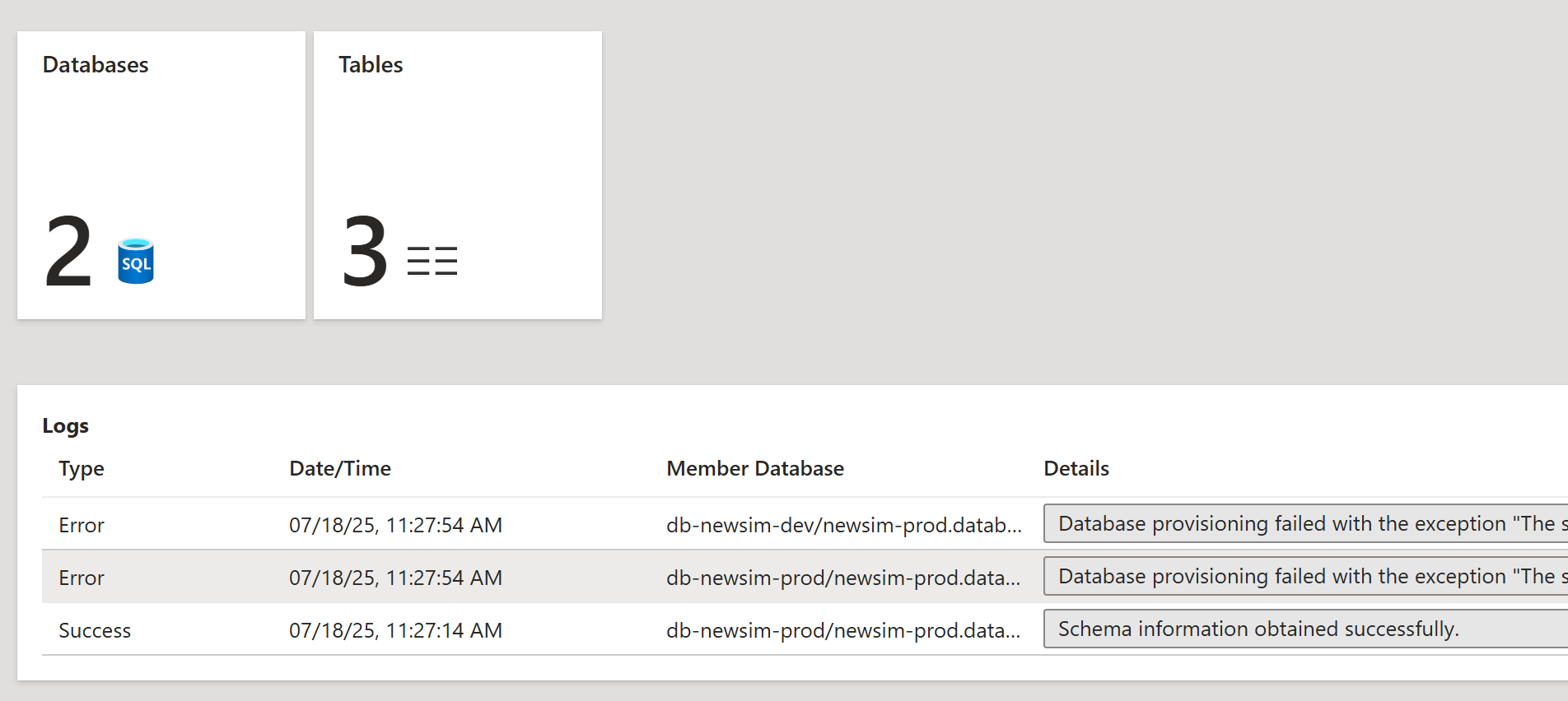 The schema info could not be retrieved from the schema info table ...