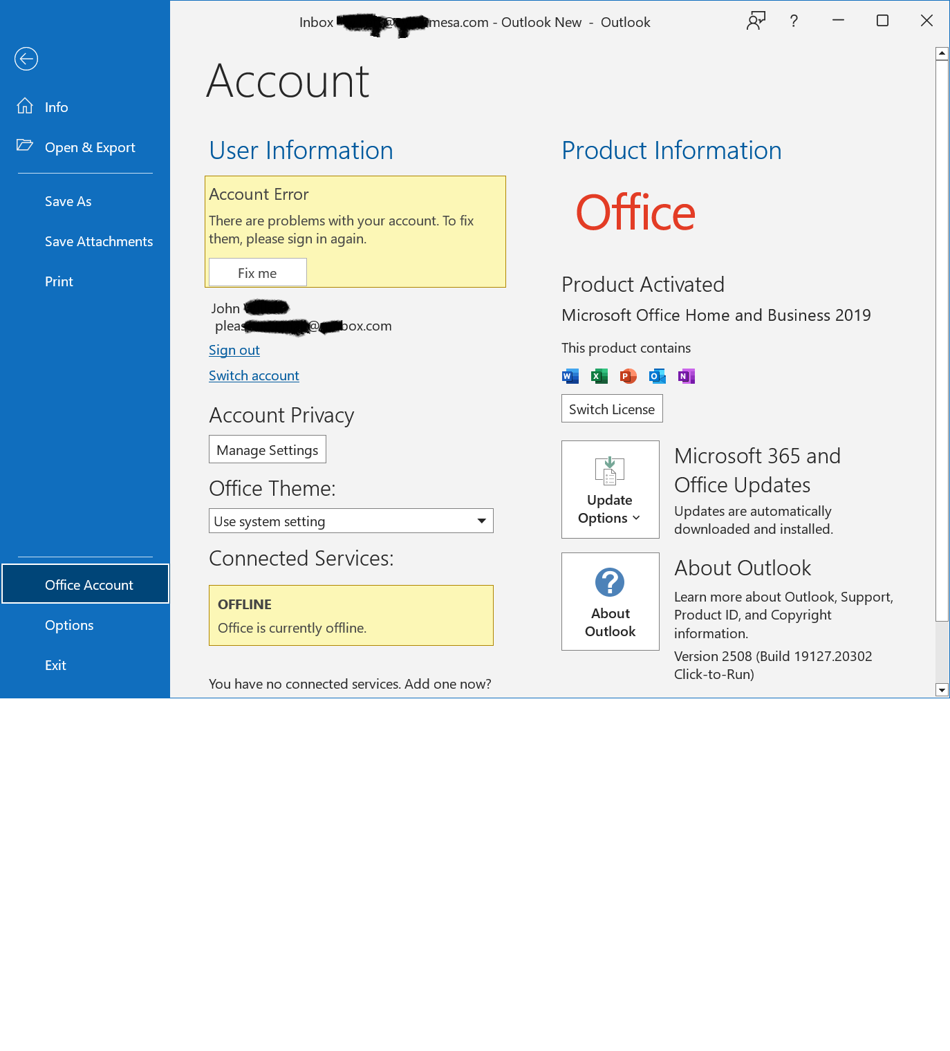 Account Error in Office