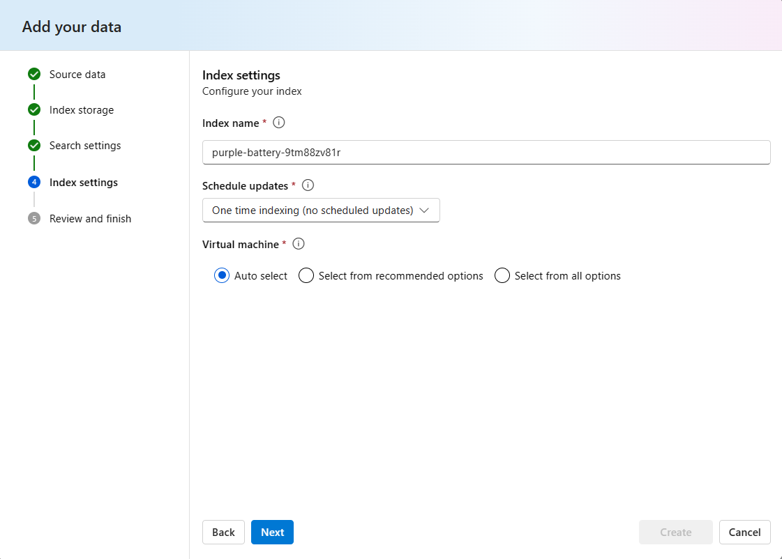 Screenshot of configure index settings.