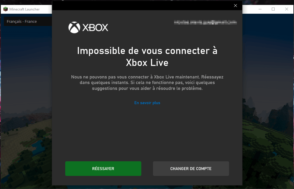 Minecraft Launcher displaying an Xbox Live connection error