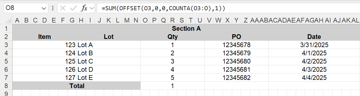 How to Sum a dynamic column when there is data below the section to be ...