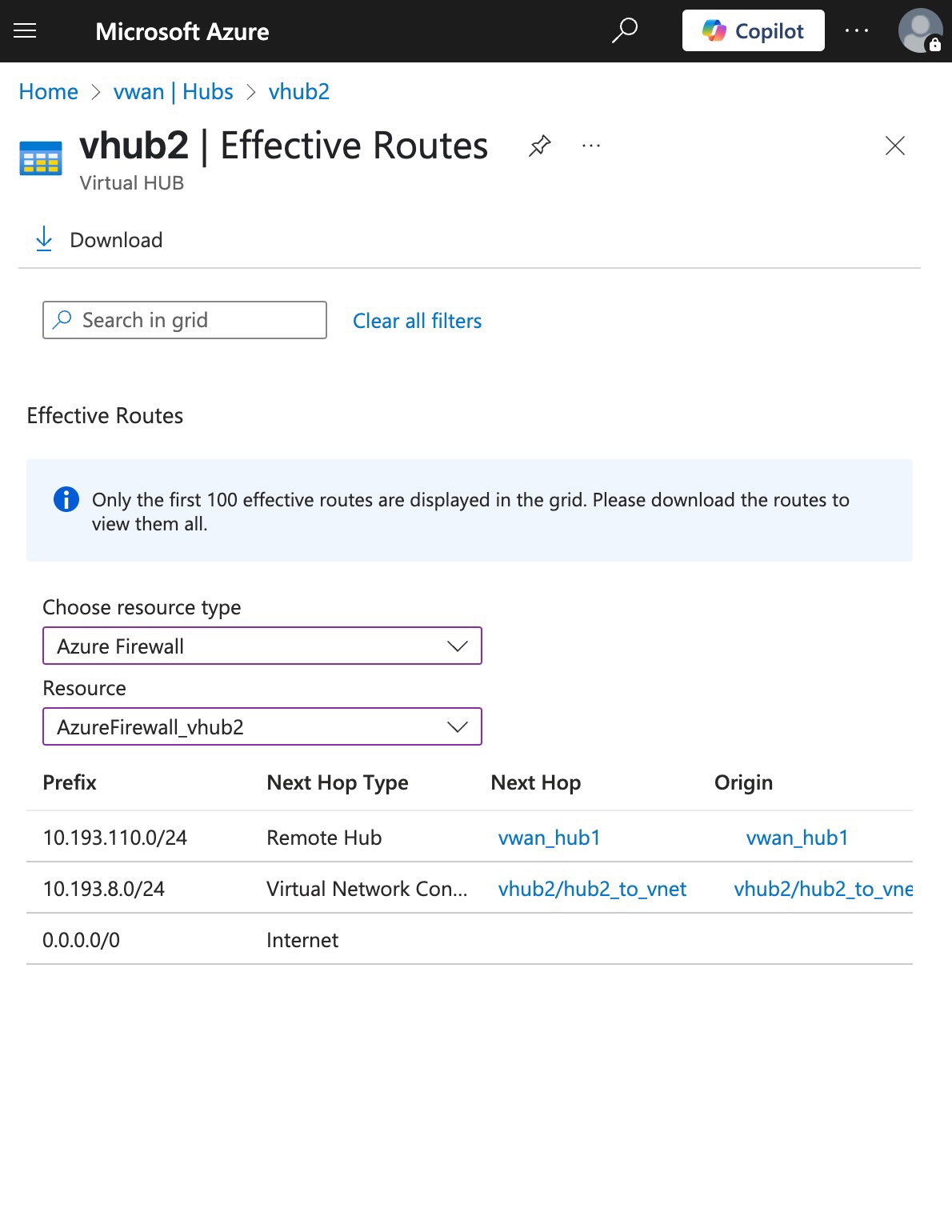 how to get effective routes from azure firewall in vhub - Microsoft Q&A