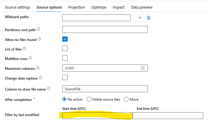 The "Source settings" panel of a Source component in ADF Data Flow, with the field "Filter by last modified" highlighted