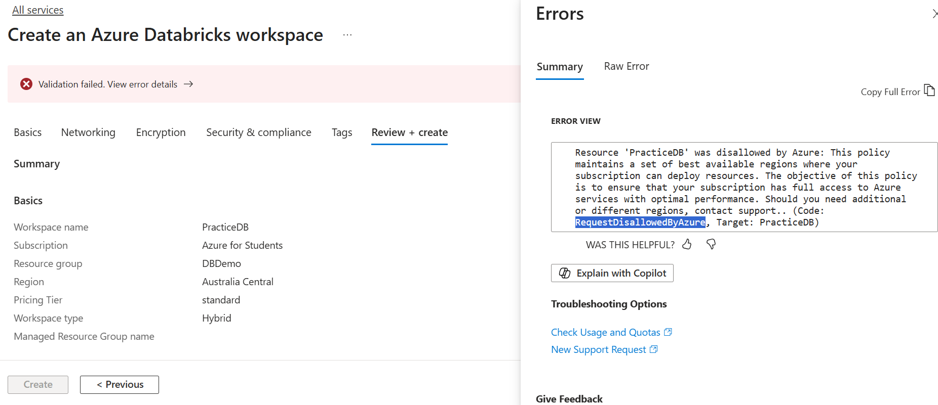 Azure error