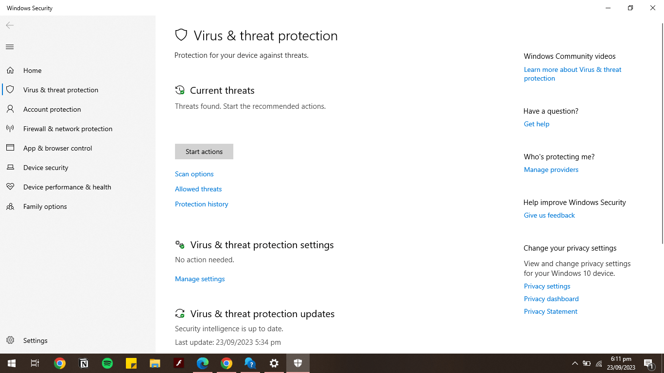 Windows 10 Virus and threat protection start action button not working ...