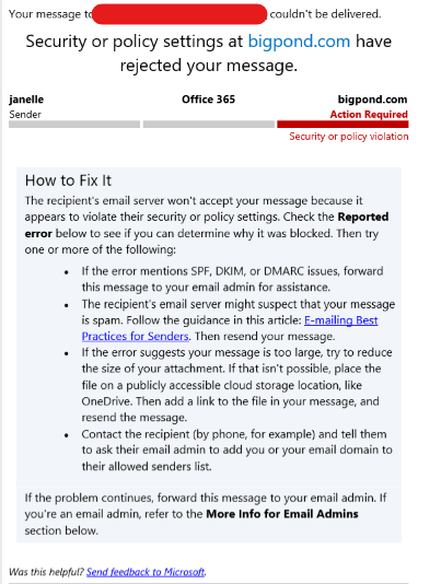 All Bigpond emails returned as undeliverable. - Microsoft Q&A