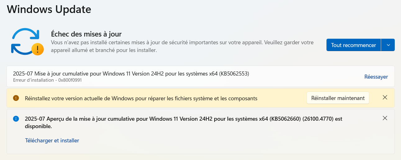 Impossible d'installer la mise a jour 2025-07 Mise à jour cumulative ...