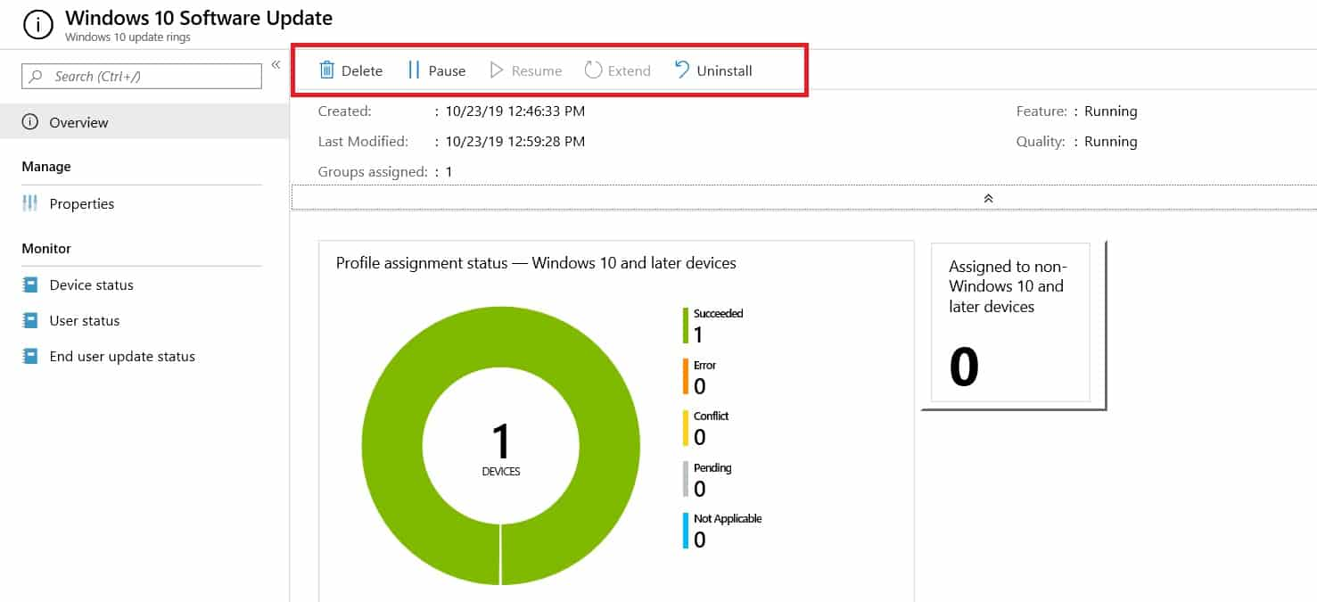 Manage Windows 10 update rings - Pause Delete Resume Extend