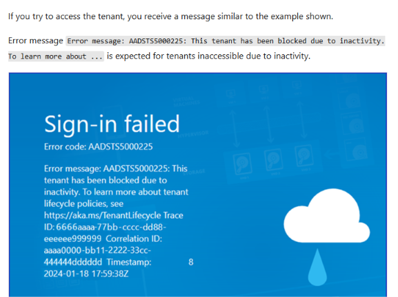 Error message: AADSTS5000225: This tenant has been blocked due to ...