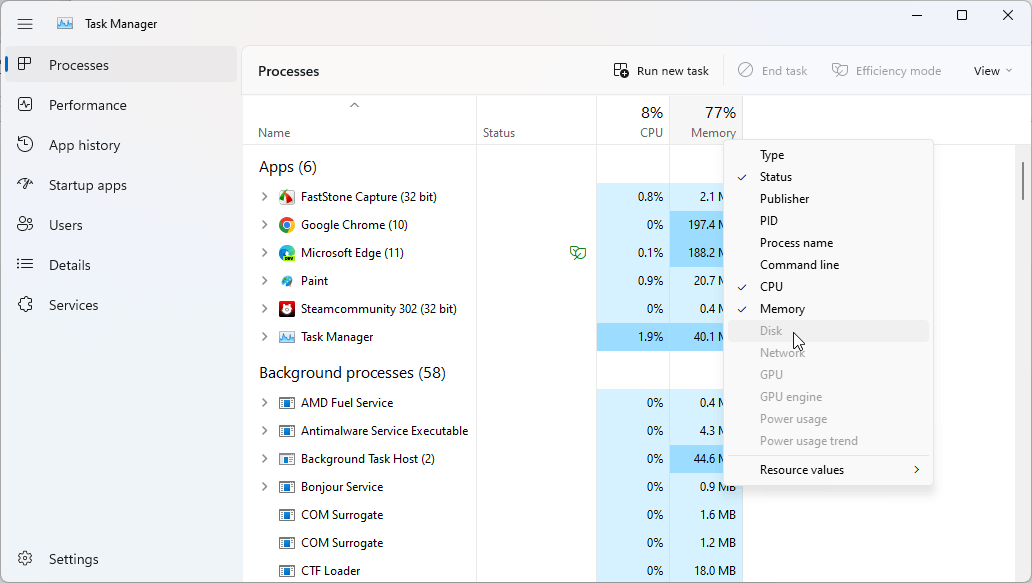 Task Manager lost some columns after restarting Windows from safe mode ...