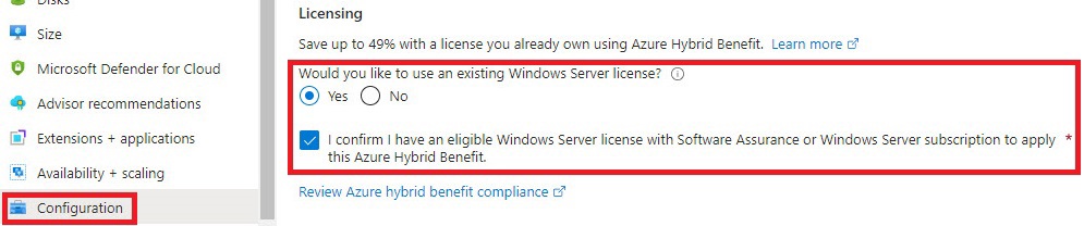 azure hybrid benefit configuration blade portal