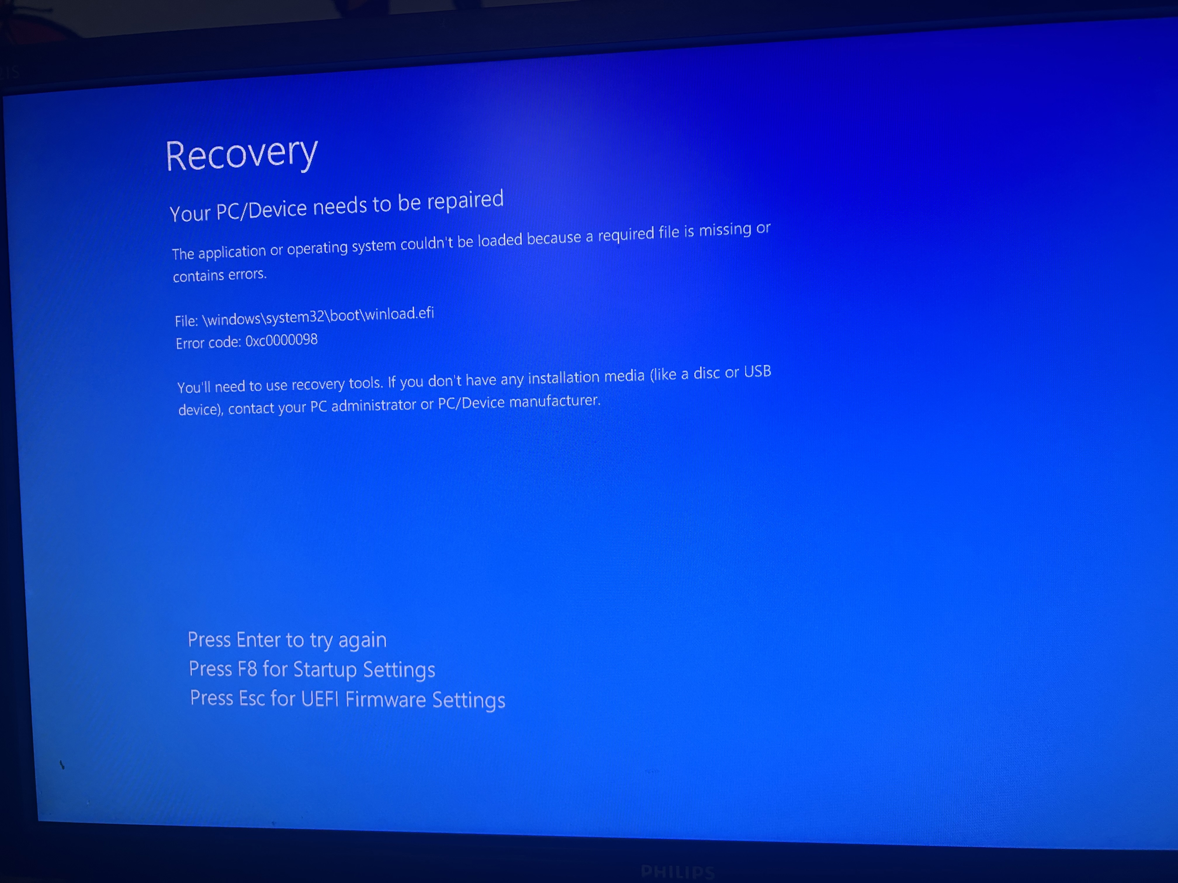 My pc boots up into this menu where it says error 0xc000098 - Microsoft Q&A