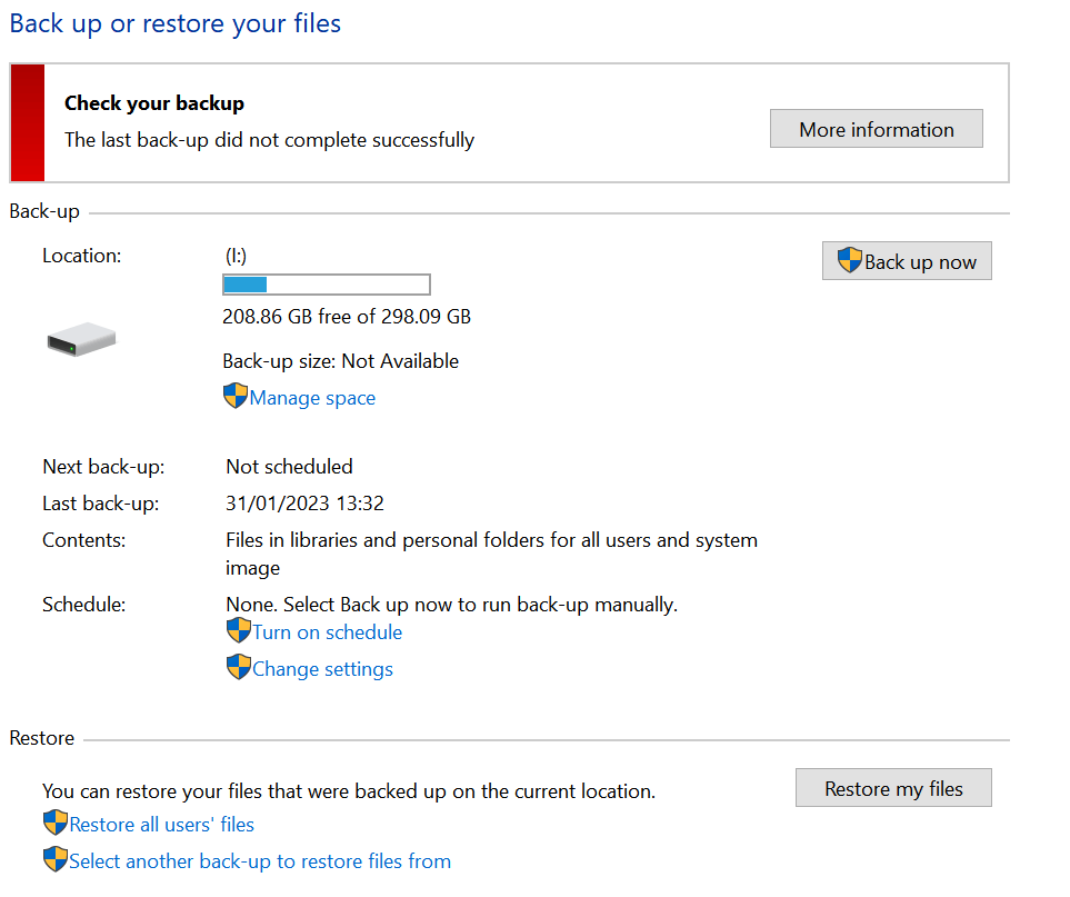 Cannot backup files because Wind 10 cannot find previous back ups ...