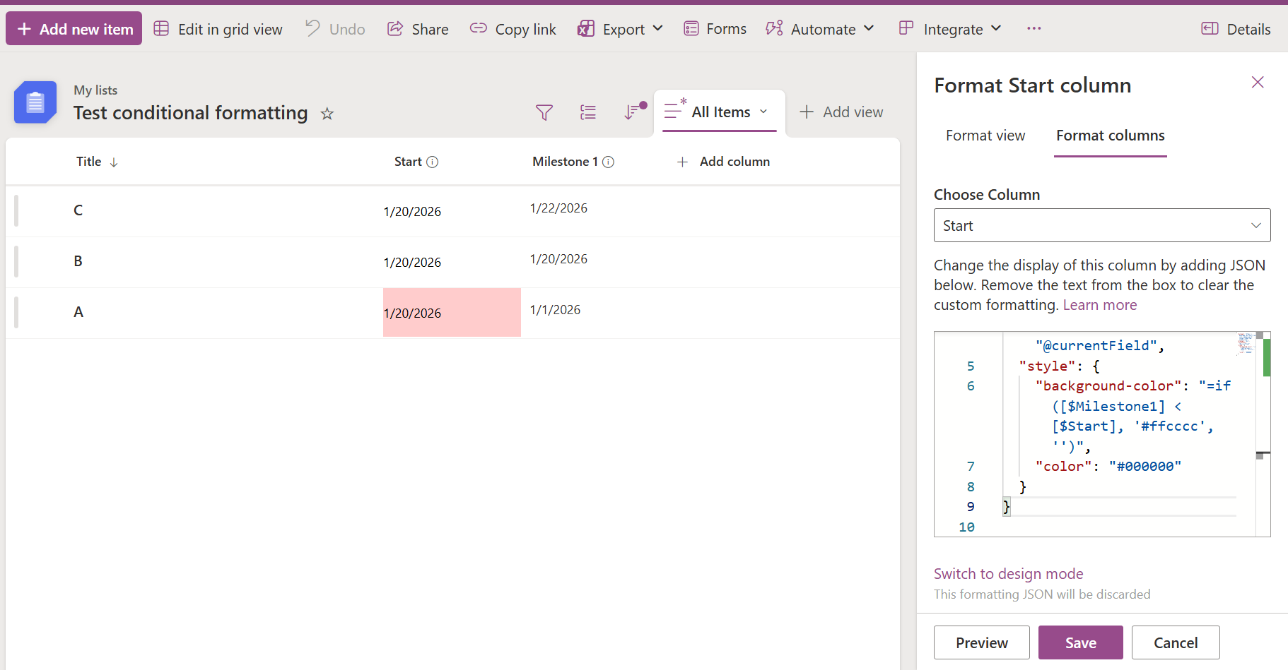 In a microsoft list, color a date cell based on the relationship to ...