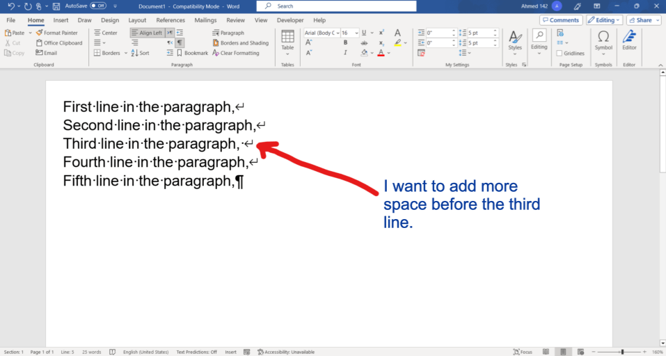 How to add extra space before a single line in the same paragraph in ...