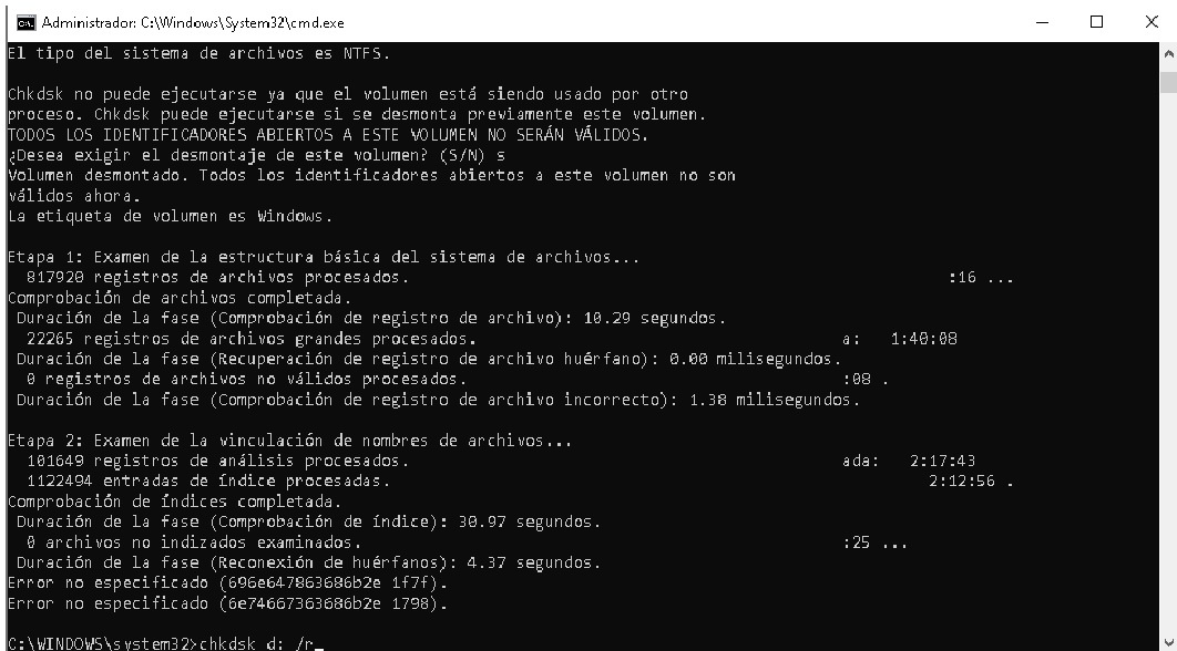 ChkDsk two errors: (696e647863686b2e 1f7f) and