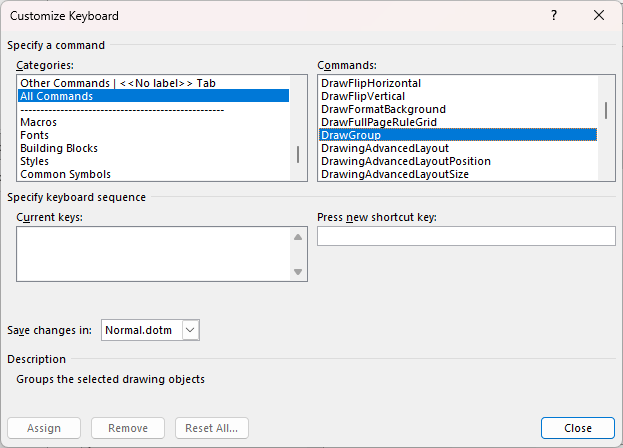 Is it possible to customize the keyboard shortcuts for the grouping ...