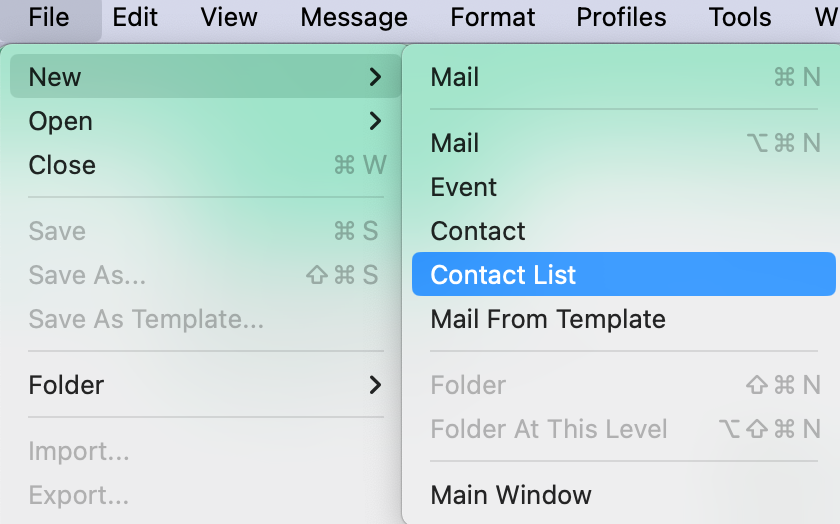 screen capture showing new menu opening to contact list