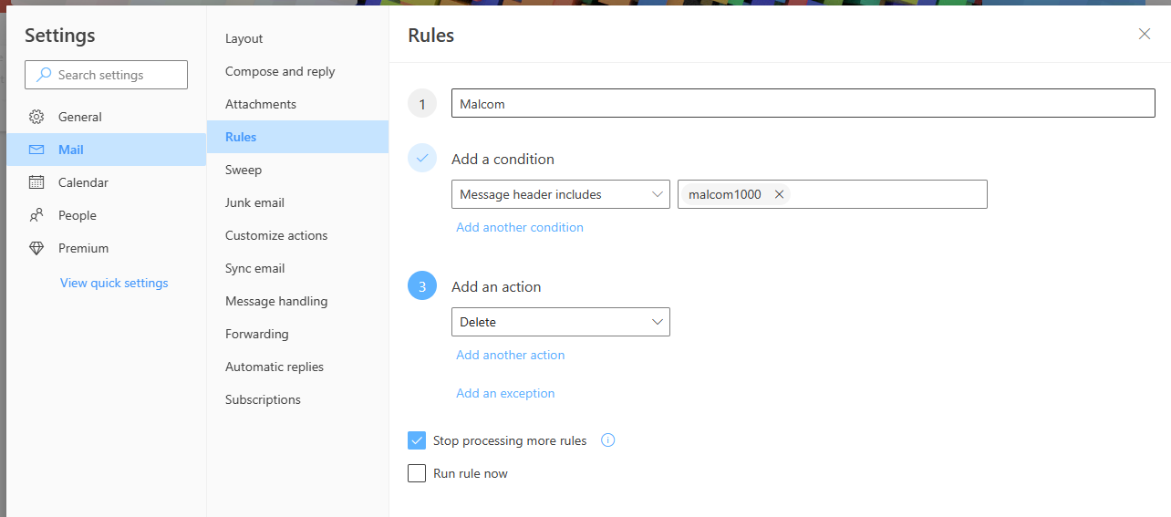 How do I create an outlook.com inbox rule that catches an income email ...