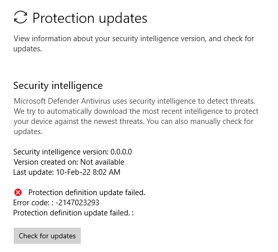 Windows 10 MS Defender security intelligence update failed - Microsoft Q&A