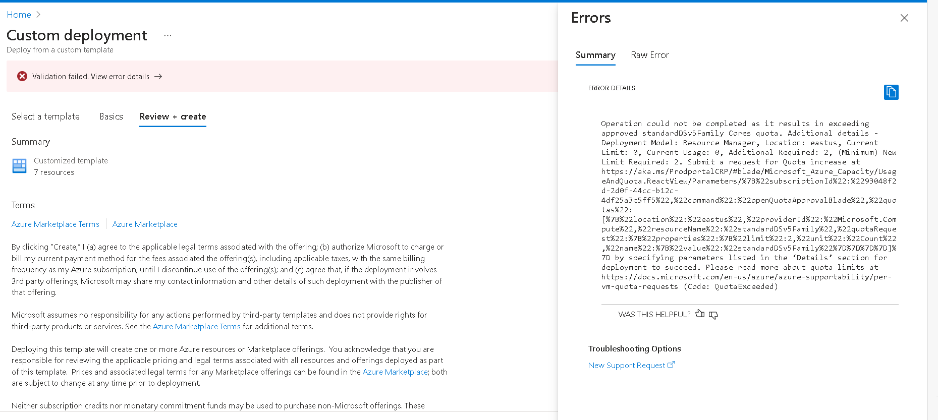 ARM Template failing for VM Creation with quota error - Microsoft Q&A
