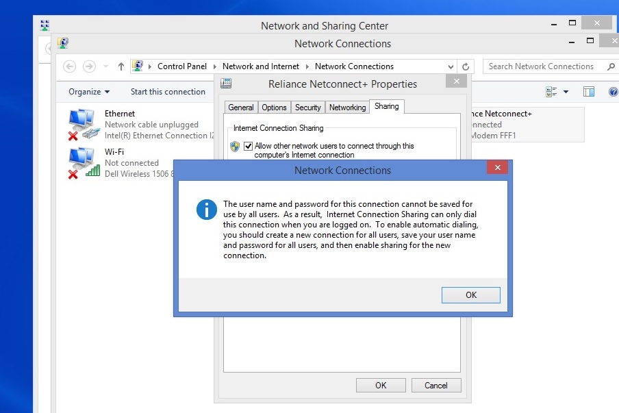 Internet sharing error - The username and password for all users cannot ...