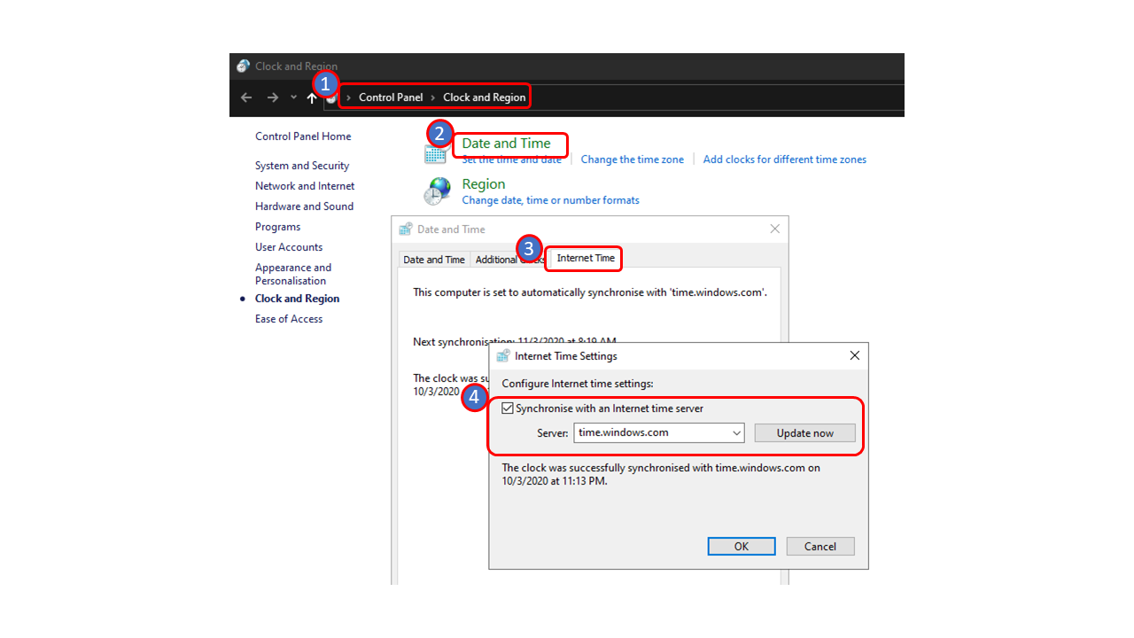 How to force Windows 10 time to synch with a time server?