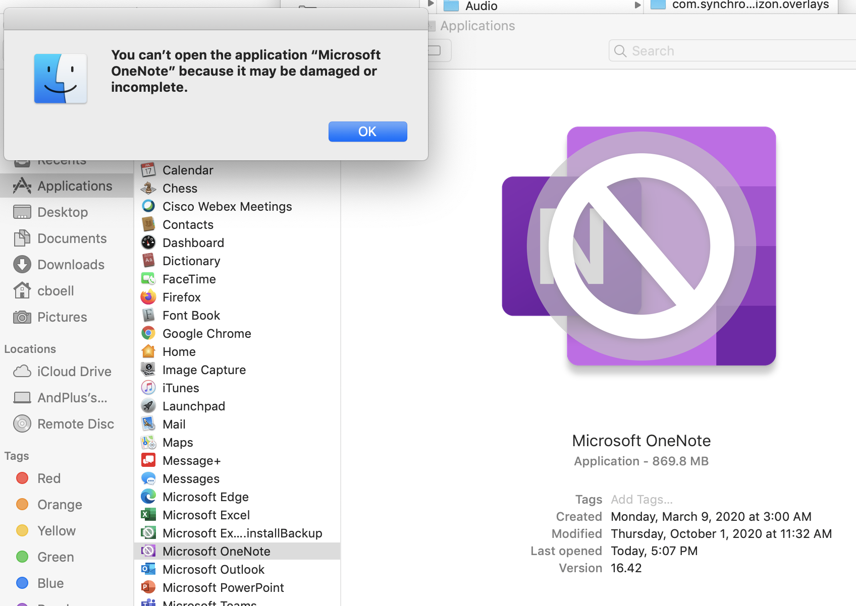You can’t open the application “Microsoft OneNote” because it may be ...