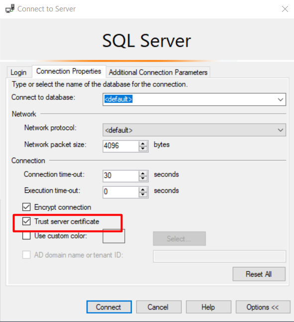 If you're using SQL Management Studio, please goto connection properties and click on "Trust server certificated"