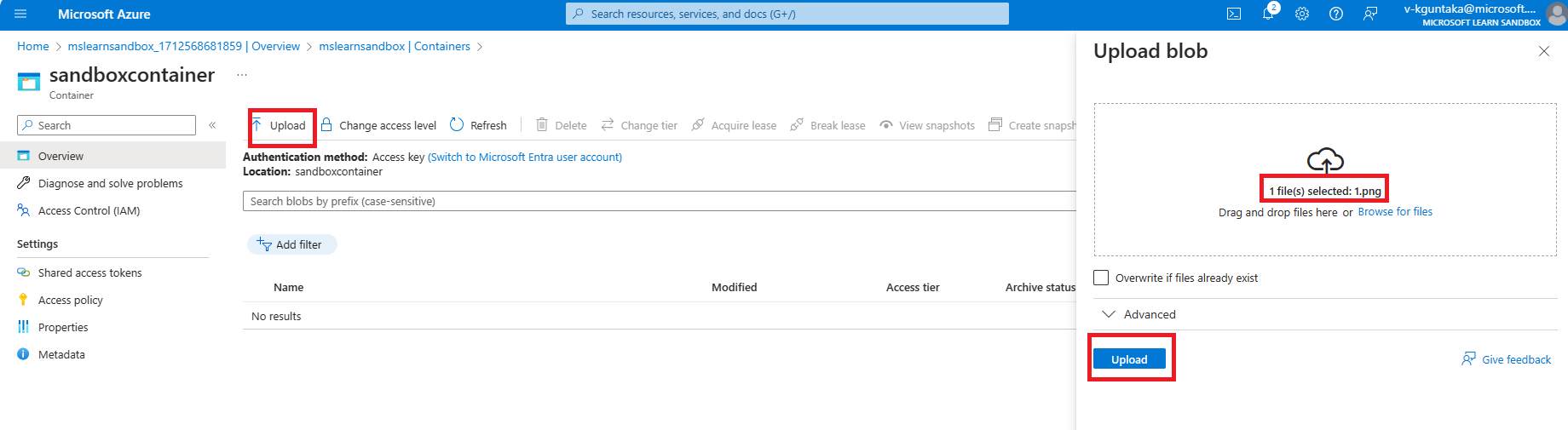 Unable to upload image in the container under a storage account ...