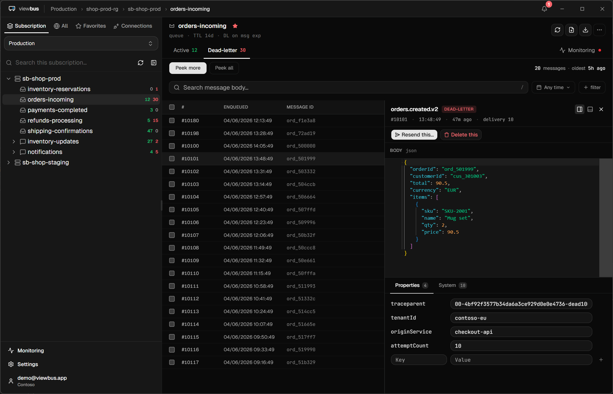 viewbus app showing the refunds-processing dead-letter queue with a selected message and JSON body preview