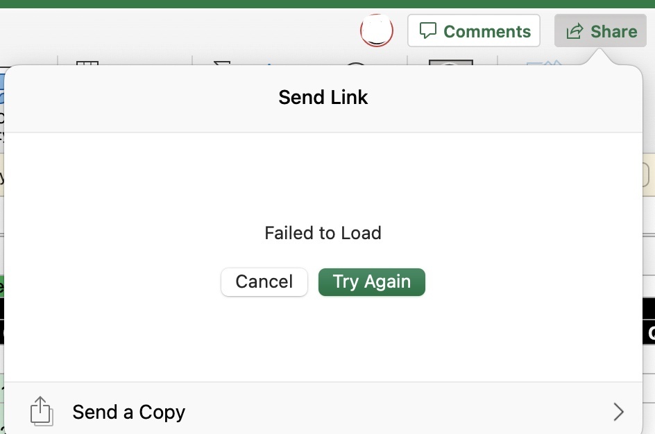 Share button in Excel desktop applications (for macOS) shows "Failed to ...