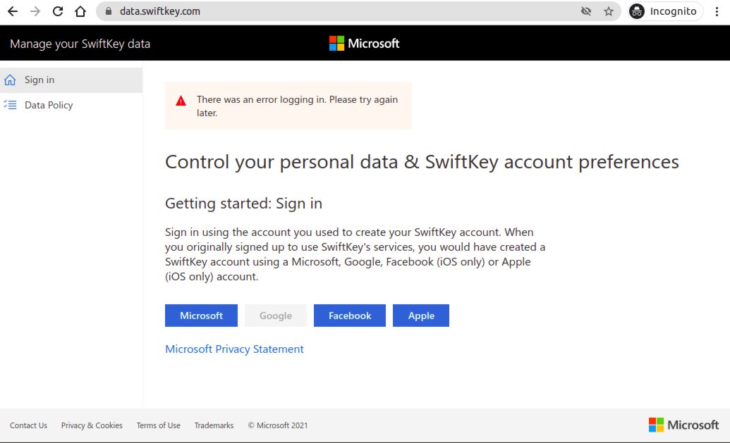 Problem accessing Personal data & SwiftKey account preferences ...