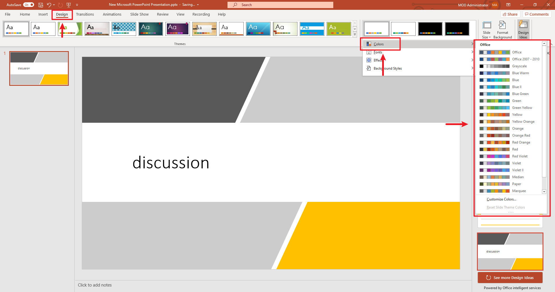 How do I change colours in Design Ideas suggested in power point ...