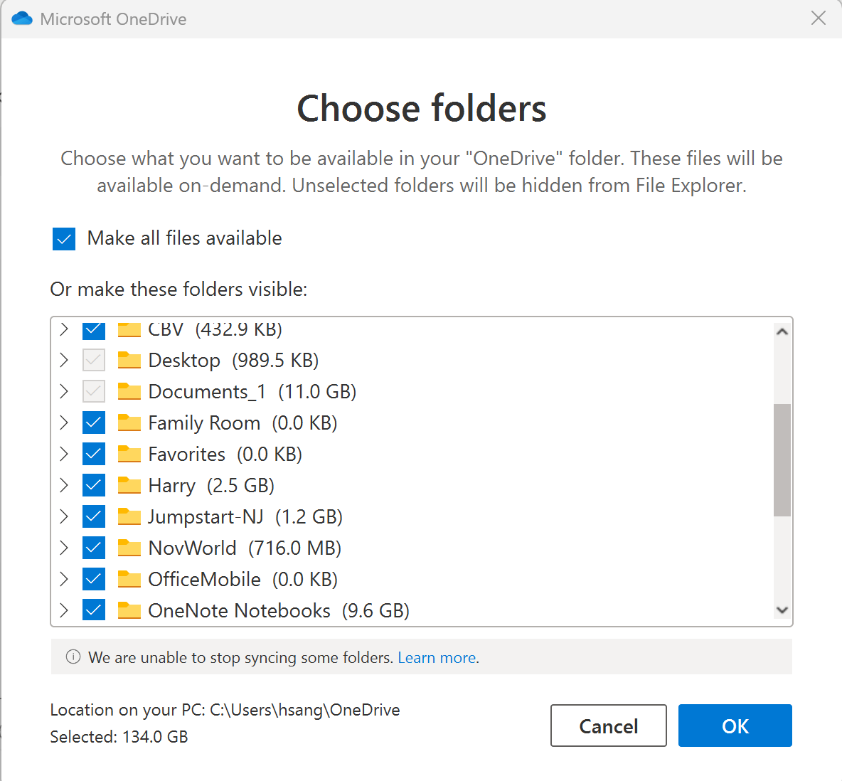 How can I check the blue checkbox on 'Choose folders' for OneDrive on ...