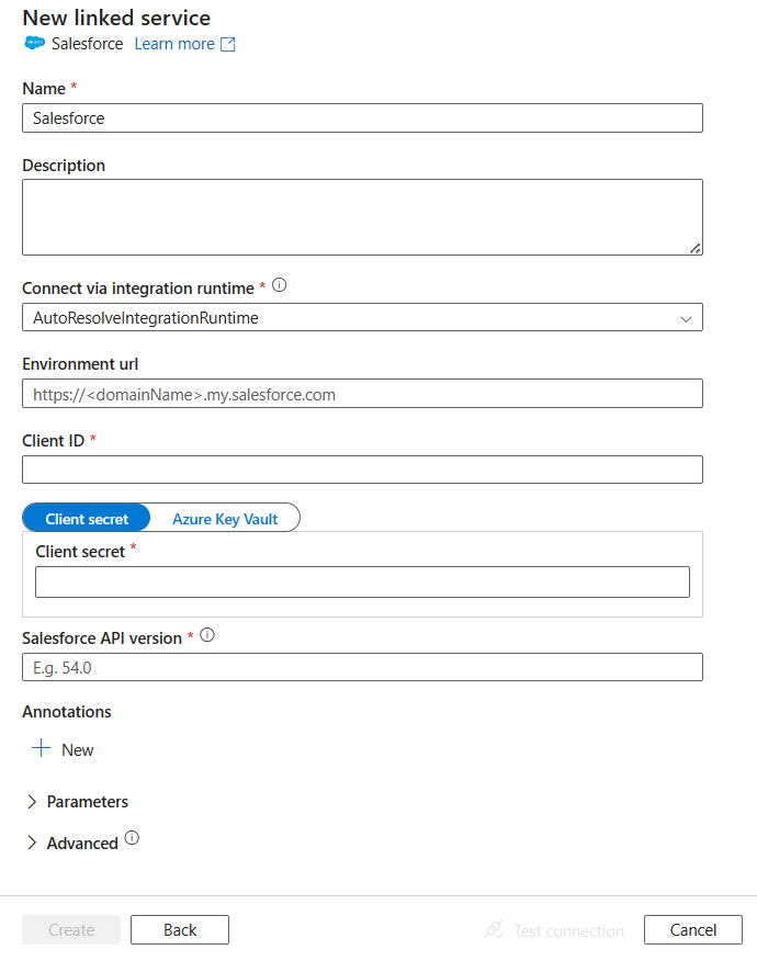 Screenshot of linked service configuration for Salesforce.