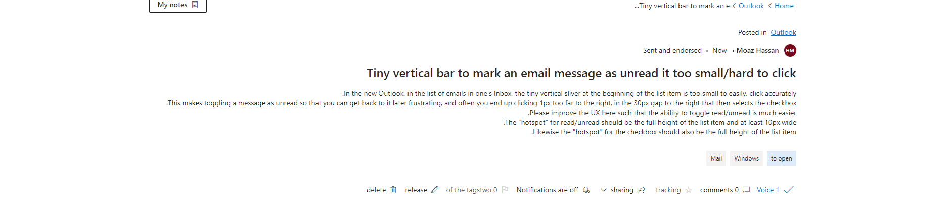 Tiny vertical bar to mark an email message as unread it too small/hard ...