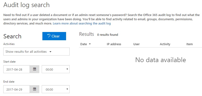 Office365 audit log search returns 'no data available' - Microsoft Q&A